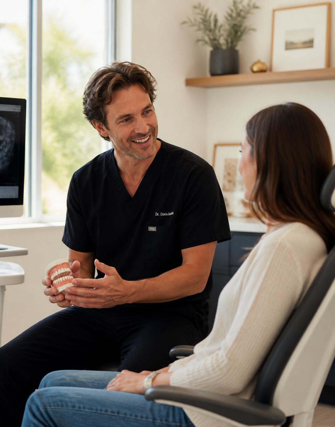 Dentist speaking with a patient during a consultation